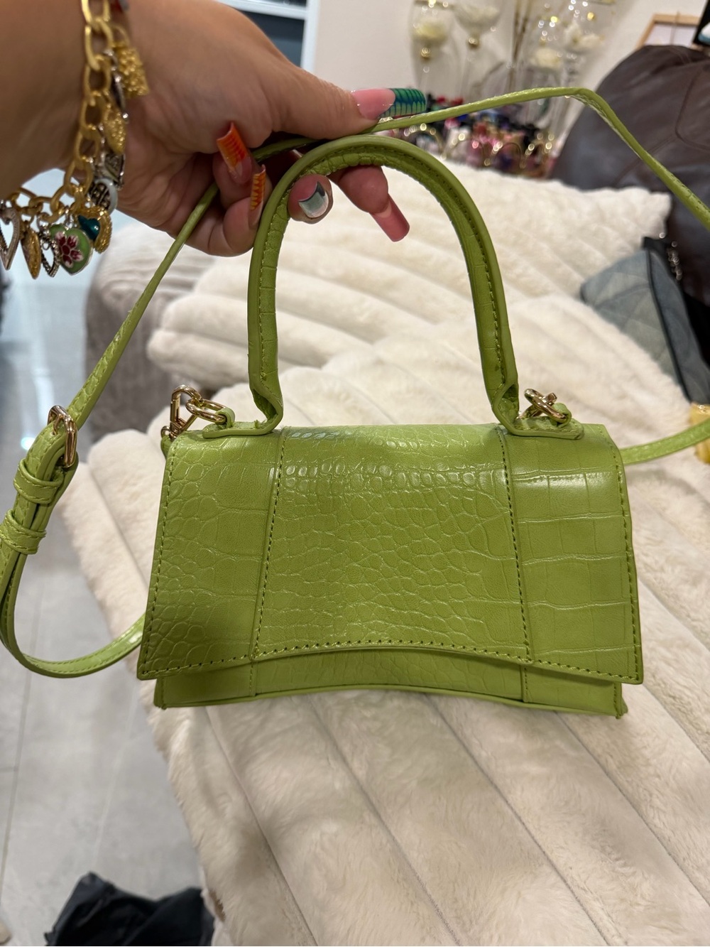 Green Croc-Embossed Mini Top-Handle Bag